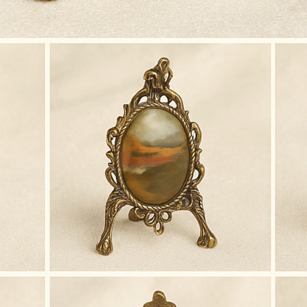 Antique Edwardian Landscape Agate Miniature Frame | Solid Brass Ormolu Easel